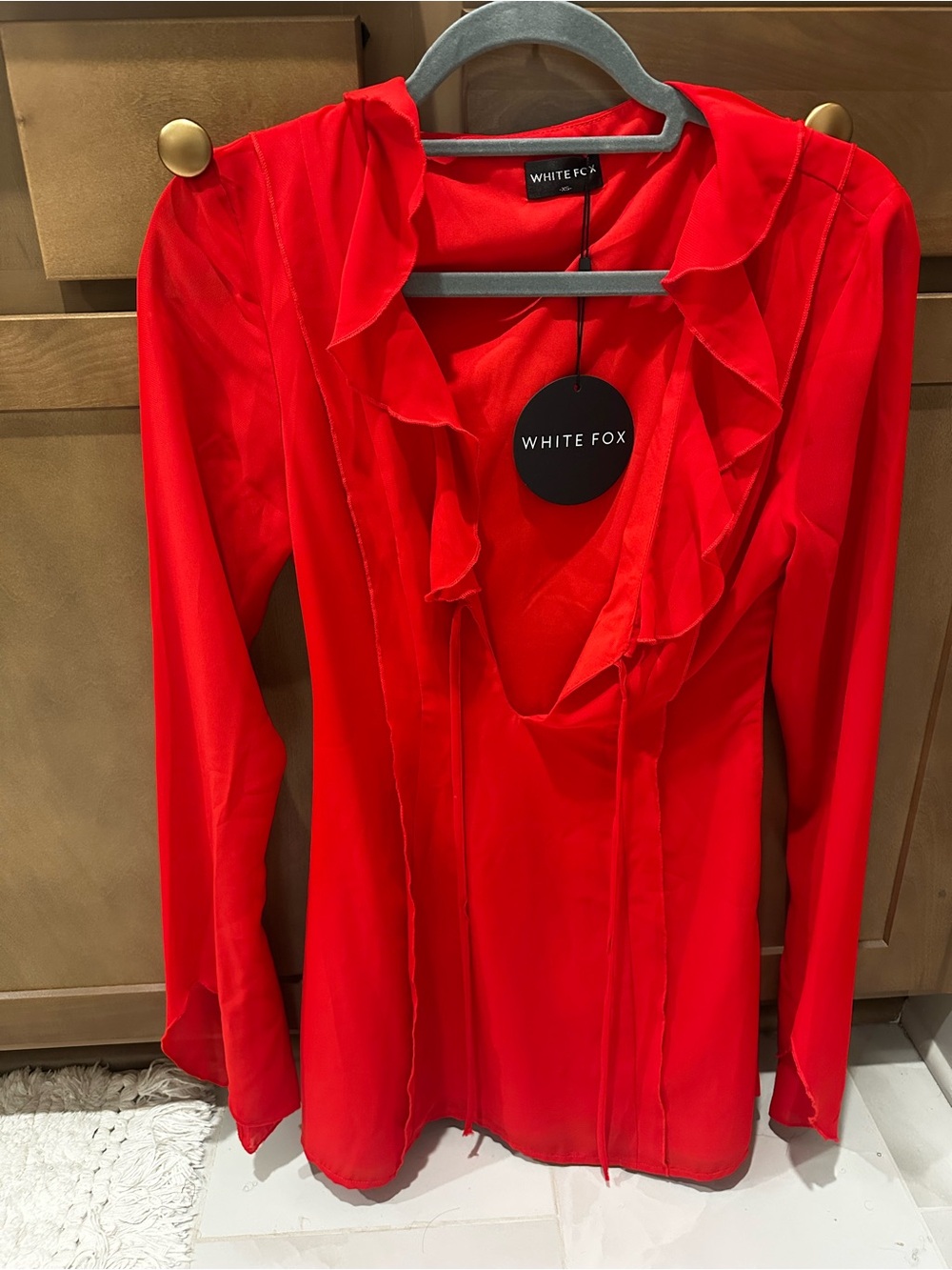White Fox Boutique Red Ruffle Tie-Front Mini Dress - Picture 3 of 4
